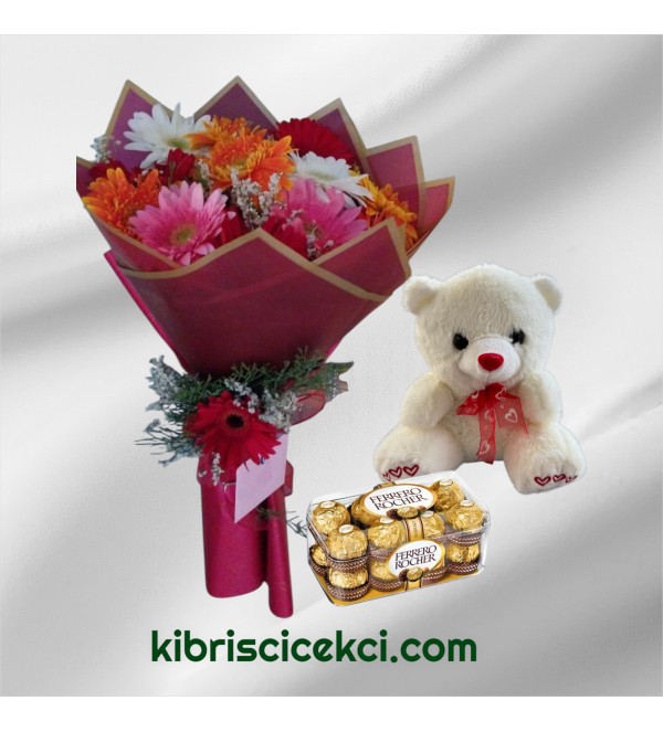 Renkli Gerbera Buketi Ayıcık 16'lı Ferrero Çikolata